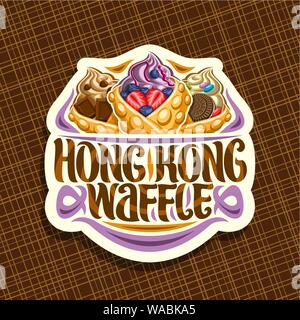 Vektor logo für Hong Kong Waffeln, weiß dekorative Tag mit 3 bubble Waffeln gefüllte weiche Eis und frischen Früchten servieren, original Schriftzug f Stock Vektor