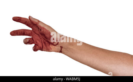 Blutige Hand, erreichen, Handfläche nach, isoliert auf Weiss. Frau. Stockfoto