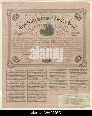 Konföderierte Staaten von Amerika Darlehen - sieben Prozent, 20. Februar 1863 - genehmigt durch das Gesetz des Kongresses C.S.A. Februar 20 1863 Abstract: Drucken zeigt ein Darlehen Zertifikat, #20301, in der Höhe von $ 100 1. Juli 1868 fällig; umfasst zehn Darlehen Coupons an der Unterseite. Stockfoto