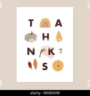 Thanksgiving Gruß fallen Karte, Einladung. Dank Text mit Kürbissen, Birne Obst, Regenbogen, bunte Blätter im Herbst und abstrakten geometrischen Formen Stock Vektor
