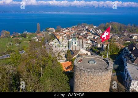 Schweizer Weltkulturerbe Bad Durrheim am Genfer See mit den runden Wachturm der mittelalterlichen Festung, Bad Durrheim, Kanton Genf, Schweiz Stockfoto