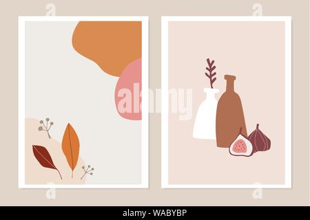 Trendy Satz fallen Grußkarten, Einladungen. Abb. Obst, bunte Blätter im Herbst und Vase. Abstrakte geometrische Formen. Eine moderne, minimalistische Zeichnungen Stock Vektor