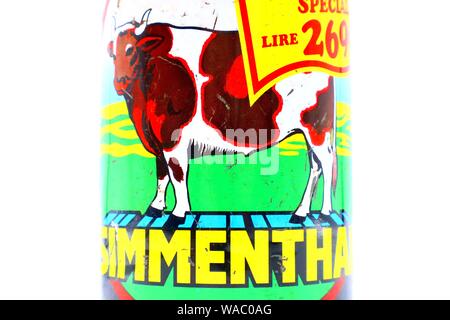 SIMMENTHAL Vintage Tin Can. Simmenthal ist eine Marke produziert ein gekochtes Rindfleisch in Gelee von Bolton Essen Stockfoto