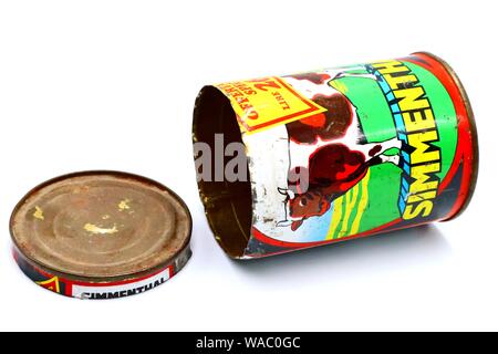 SIMMENTHAL Vintage Tin Can. Simmenthal ist eine Marke produziert ein gekochtes Rindfleisch in Gelee von Bolton Essen Stockfoto