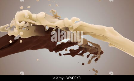 Milch und Schokolade splash in Zeitlupe. 3D-Abbildung: weiße und braune Flüssigkeit creme Tropfen Splash isoliert auf Grau. 4K helle weiße und dunkle des Stockfoto