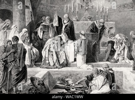 St. Remigius tauft Chlodwig I., König der Franken, Abtei von Saint-Remi in Reims, am 25. Dezember 496 Stockfoto
