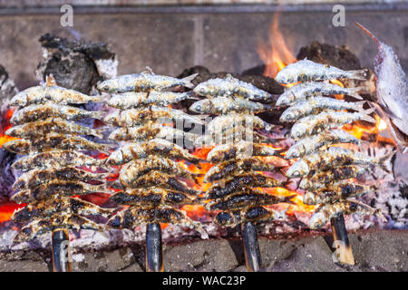 Vorbereitung Spieß von Sardinen in der typischen Restaurant El Tintero, frische Meeresfrüchte, Malaga, Andalusien, Spanien Stockfoto