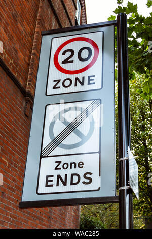 Tempolimit Zeichen in einer 20-Km/h-Zone, Islington, London, UK Stockfoto