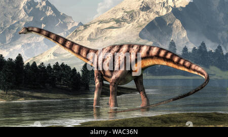 Diplodocus war ein sauropoden Dinosaurier, die in Nordamerika während der späten Jurazeit gelebt. Hier wird dargestellt, das Waten im seichten Fluss. 3D-Rendering Stockfoto