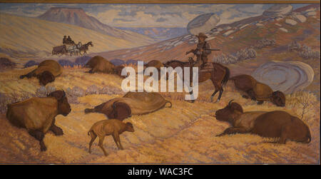 Ausblenden Jäger, ein Wandbild 1956 von Harold Dow Bugbee, dass die Schlachtung der westlichen Bison stellt für ihre Häute am Panhandle-Plains Historisches Museum auf dem Campus der West Texas A&M University in Canyon, Texas Stockfoto