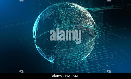 Motion Teilchen der Erde Digital Globe Cyber Konzept. Planet Network Data abstrakte Welt Karte Geschäft Hintergrund. Universum Verbindung Landschaft Outer Space Exploration 3D Rendering Animation Stockfoto