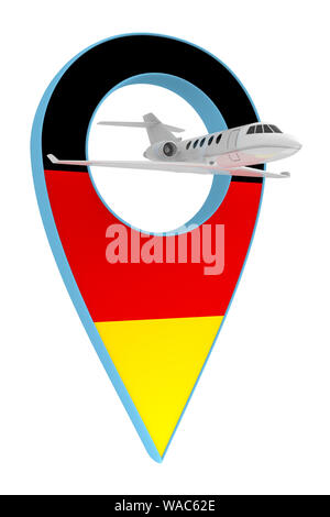 Eigenes Flugzeug mit Pin navigation Flagge Deutschland. 3D-Rendering Stockfoto