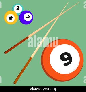 Billard snooker Elemente Kugeln mit Zahlen und Sticks. Farbige vector Abbildung Stock Vektor