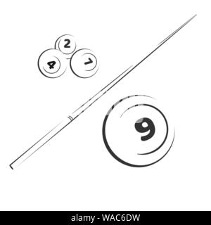 Billard snooker Elemente Kugeln mit Zahlen und Sticks. Schwarze und weiße vector Abbildung Stock Vektor