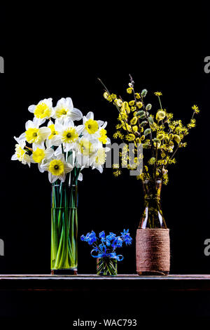 Blumenstrauß aus blühende Zweige der Weide und hartriegel in einer Vase, Blumenstrauß aus Narzisse Blume und Bouquet von Bluebell Blume in einem vaset auf dem Tisch auf einem Stockfoto