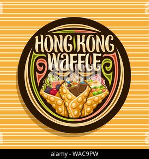 Vektor logo für Hong Kong Waffeln, Schwarzer runder Tag mit 3 verschiedenen bubble Waffeln gefüllte weiche Eis und frischen Früchten servieren, original letterin Stock Vektor