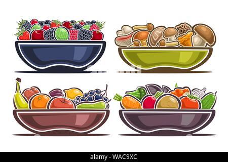 Vektor einrichten der Gerichte mit Obst, Sammlung von 4 Still life Zusammensetzung auf Platten mit dem Haufen von süßen Beeren, Wild Portobello Pilze, saftigen Apfel Stock Vektor