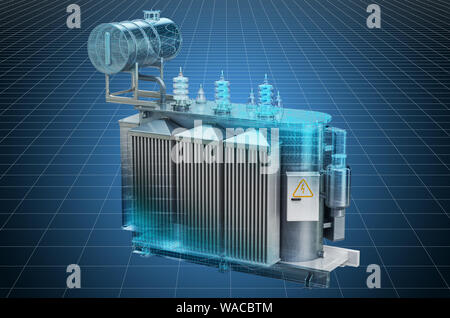 Visualisierung von 3D-CAD-Modell des Trafoöls, Hochspannung Trafo, Blaupause. 3D-Rendering Stockfoto