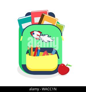 Bunte Schultasche mit Schulmaterial. Rucksack mit Reißverschlüssen auf weißem Hintergrund. Vector Illustration zurück in die Schule. Eps 10. Stock Vektor