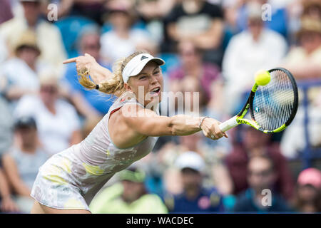 Caroline Wozniacki aus Dänemark spielen einhändige Rückhand Schuß gegen Monica Puig von Puerto Rico auf der Aegon International 2016, Eastbourne, England Stockfoto