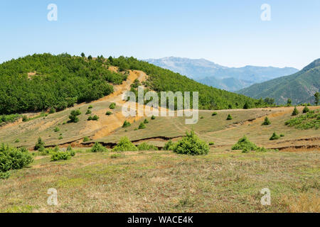 Albanische Natur Landschaft. Sandigen Hügeln und tiefen grünen Wäldern Stockfoto