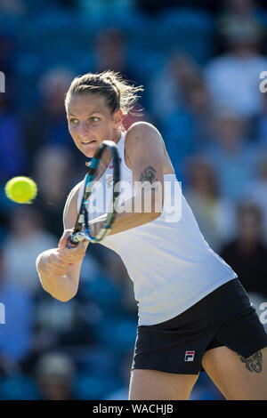 Karol'na Pliskova der Tschechischen Republik spielen mit zwei rückhand gegen Johanna Konta von Großbritannien bei Aegon International 2016, Eastbourne, Englan Stockfoto