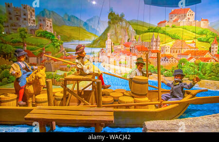 SALZBURG, Österreich - 27. FEBRUAR 2019: Die Marionette Museum der Festung Hohensalzburg mit authentischen historischen Marionetten, am 27. Februar in Salzburg. Stockfoto