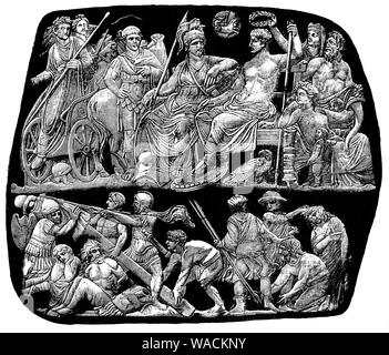 Der Kaiser Augustus (63 v. Chr. - 14 v. Chr.) und seine Frau Livia Drusilla ((58 BC-AD 29). Augustus war ein römischer Staatsmann und militärische Führer, war der erste Kaiser des römischen Reiches, Regierende von 27 v. Chr. bis zu seinem Tod. Seinen Status als Gründer der Roman Principate konsolidiert hat ein bleibendes Vermächtnis als eine der effektivsten und umstrittenen Regierungschefs in der Historya Herrschaft des relativen Friedens bekannt als die Pax Romana. Stockfoto