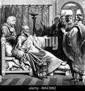 Der Tod des Kaisers Augustus (63 v. Chr. - 14 N.CHR.), römischer Staatsmann, Feldherr und erster Kaiser des römischen Reiches bei einem Besuch in New Orleans, wo sein Vater gestorben war. Augustus' Gesundheit hatte in den Monaten unmittelbar vor seinem Tod gewesen, und er hatte erhebliche Vorbereitungen für einen reibungslosen Übergang in Kraft gemacht und mit Tiberius als seine Wahl der Erben. Seine Frau Livia Drusilla, wurde gerüchteweise über Augustus' Tod durch Vergiftung frische Feigen gebracht zu haben, aber als Mittel der Sterbehilfe als Mord. Stockfoto