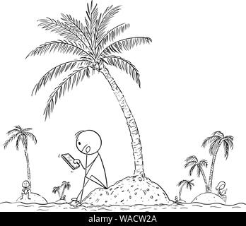 Vektor cartoon Strichmännchen Zeichnen konzeptionelle Darstellung der einsame Menschen allein sitzen auf kleinen Inseln, mit Online-Handy oder Handy und über soziale Netzwerke mit virtuellen Freunden zu chatten. Stock Vektor