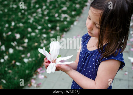 Ein kleines Kind steht in einem Yard streuen mit Blüten Holding eine Blume Stockfoto