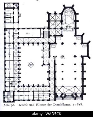 Dominikanerkloster an der Herzogstraße in Düsseldorf, 1867 bis 1887, Dombaumeister Friedrich von Schmidt aus Wien, Grundriss. Stockfoto