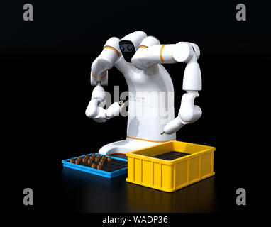 White dual-Roboter auf schwarzem Hintergrund. Kollaborative Roboter Konzept. 3D-Bild. Stockfoto