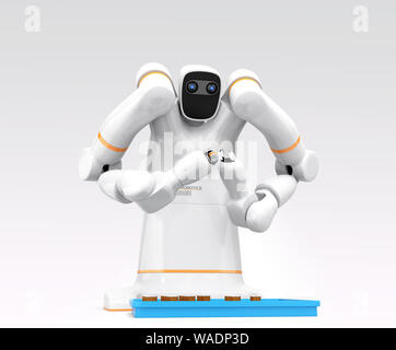 White dual-Roboter auf Farbübergang Hintergrund. Kollaborative Roboter Konzept. 3D-Bild. Stockfoto