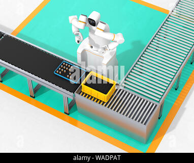 Dual-Roboter des Motors der Spulen in der Zelle - Produktion. Kollaborative Roboter Konzept. Original Design. 3D-Bild. Stockfoto