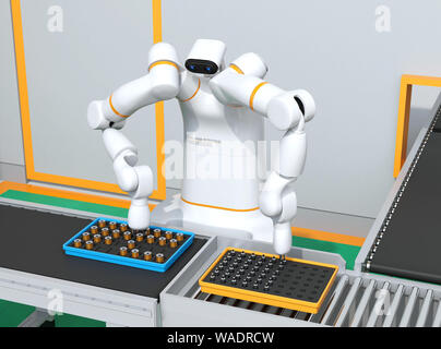 Dual-Roboter des Motors der Spulen in der Zelle - Produktion. Kollaborative Roboter Konzept. Original Design. 3D-Bild. Stockfoto