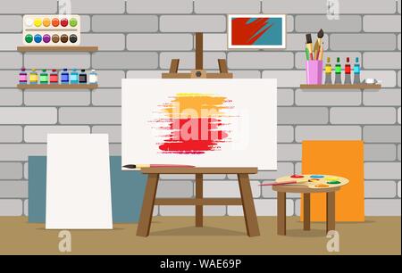 Art Studio Interieur. Maler Studio Zimmer mit Staffelei und Paint Equipment, Studios Design für professionelle Künstler arbeiten, einfache arthome Workshop i Stock Vektor