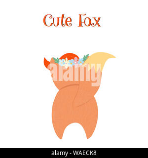 Cute fox Rückansicht auf weißem Hintergrund. Lustige kleine Fuchs in Blumenkranz Rückseite, Charakter für Kinder baby Design. Cartoon flache Hand gezeichnet Stockfoto
