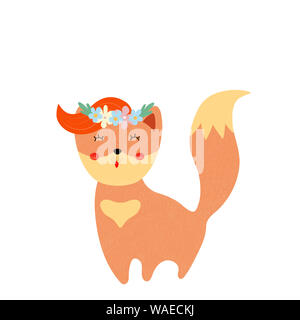 Cute Fox in floralen Kranz auf weißem Hintergrund, entzückende Kinder für Kindergarten drucken, shirt design, baby girl Karte Dusche. Cartoon Flachbild illustrati Stockfoto