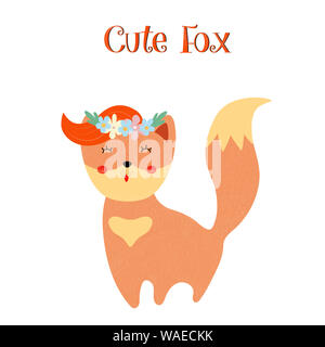 Cute Fox in floralen Kranz auf weißem Hintergrund, kawaii baby girl Tier Karte, Ingwer lächelnd Fox mit Blumen und haarigen Schwanz. Cartoon Flachbild krank Stockfoto