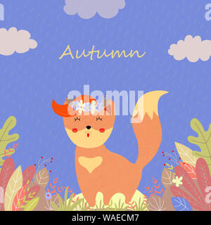 Cute Fox in Blumenkranz mit Ingwer forelock und stehen unter Pflanzen und Blätter auf dem Feld im regnerischen Herbsttag, Cartoon flache Hand gezeichnete Illustration, s Stockfoto