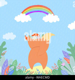 Cute fox Beobachten auf Regenbogen unter Sommer Regen. Lustige kleine Fuchs Rückansicht in Blumenkranz Rückseite, Charakter für Kinder baby Design. Cartoon Flachbild ha Stockfoto