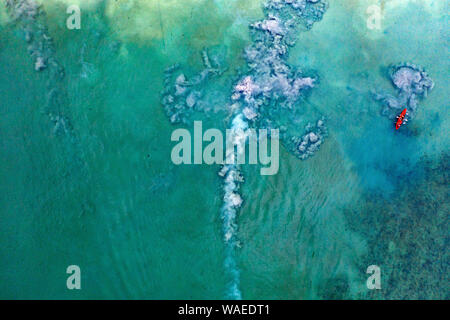 Antenne, drone Blick auf türkisklares Wasser und Longtail Boote in der Nähe von Krabi, Thailand Stockfoto