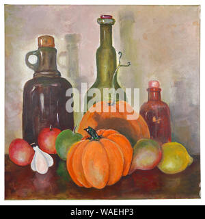 Noch immer leben für die Küche ist handgefertigt auf Leinwand mit Acrylfarben bemalt. Gezogene Früchte Gemüse und Glas vintage Flaschen. Stockfoto