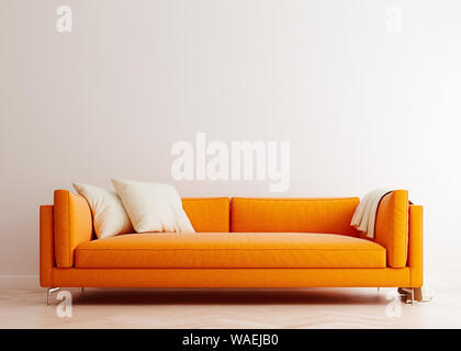 Helles Weiß mock up Wand mit Orange Sofa in modernen Interieur Hintergrund, Wohnzimmer, skandinavischen Stil, 3D-Rendering, 3D-Darstellung Stockfoto