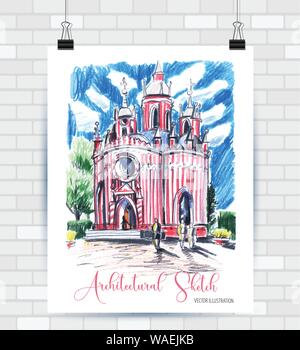 Skizzieren Abbildung im Vektorformat. Poster mit schönen Kirche. Hand gezeichnet Abbildung. Stock Vektor