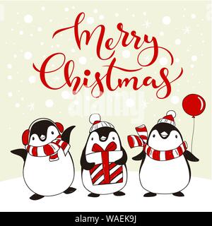 Frohe Weihnachten Grußkarte mit niedlichen Pinguine Stock Vektor