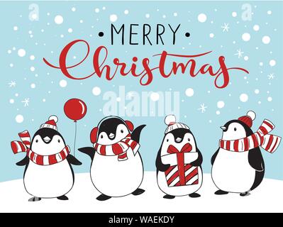 Niedliche handgezeichnete Pinguine Set. Frohe Weihnachtsgrüße Stockfoto