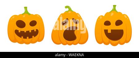 3 Orange Halloween Kürbisse mit furchtsamen Gesichtsausdruck einstellen Stock Vektor