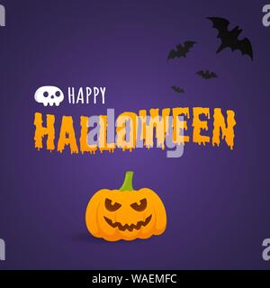 Happy Halloween banner text Postkarte mit unheimlichen Gesicht auf Kürbis Stock Vektor